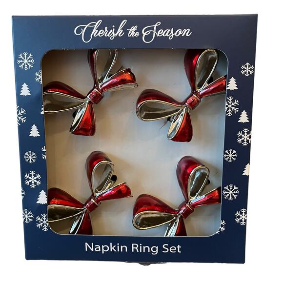 Christmas RED BOW Napkin Rings Set of 4 Silver Holiday Glam Cherish the Season - Picture 4 of 7